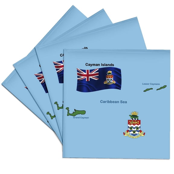 3dRose, Flag and Map of Cayman Islands shoeing both Grand Cayman and Lesser Caymans and the Coat of Arms, Set of 4 Ceramic Tile Coasters