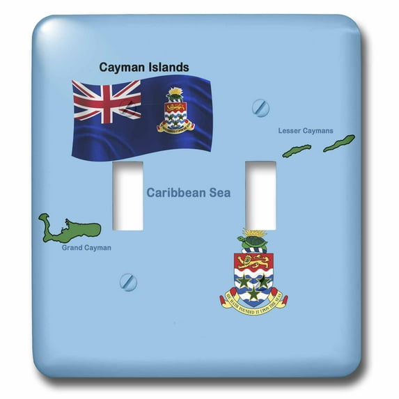 3dRose, Flag and Map of Cayman Islands shoeing both Grand Cayman and Lesser Caymans and the Coat of Arms, double toggle switch