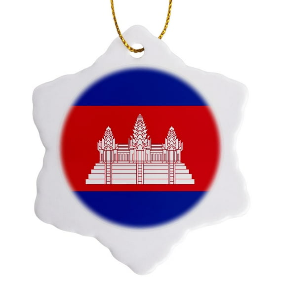 3drose, Flag of Cambodia - Cambodian Red Blue with White Angkor Wat Temple - Red Outline, 3 inch Snowflake Porcelain Ornament