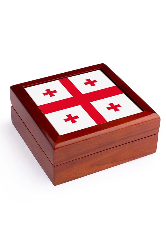 , Flag of Georgia - Georgian Red Jerusalem Crusaders Cross on white - crosslets - St George - world, Jewelry Box 5.5x5.5 inch with 4 inch tile