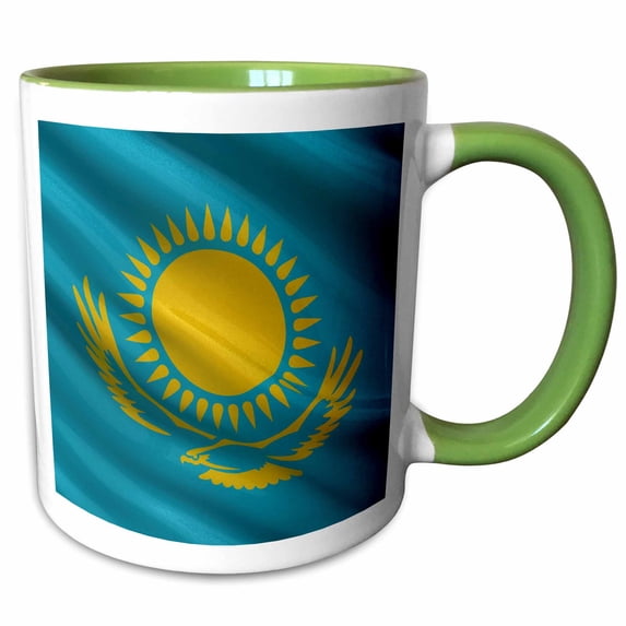 3drose, Flag of Kazakhstan Waving in the Wind, 15oz Two-tone Green Mug