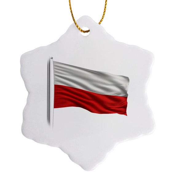 3drose, Flag of Poland on a Flag Pole over White Polish, 3 inch Snowflake Porcelain Ornament