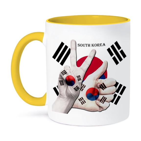 3dRose, Flag of South Korea Thumbs Up and Peace Sign Pride, 11oz Two-Tone Yellow Mug