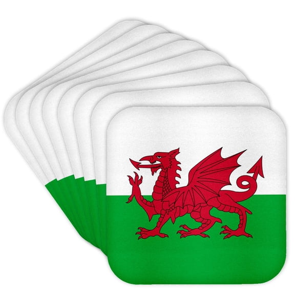 3dRose, Flag of Wales - Welsh red dragon on white and green - Y Ddraig Goch UK United Kingdom Great Britain, set of 8 Coasters - Soft