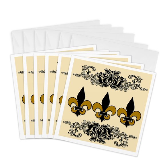 3dRose, Fleur De Lis. French dcor. Beige and black., 6 Greeting Cards with envelopes