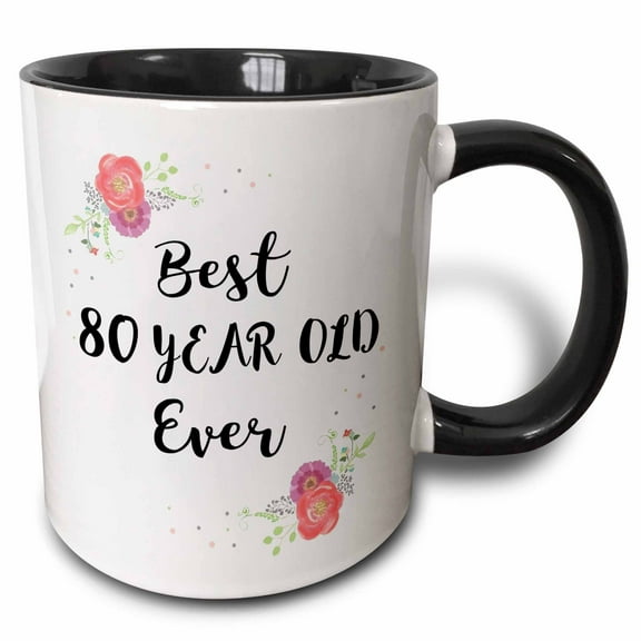 3drose, Floral Best 80 Year Old Ever Pink Flowers Cute 80th Birthday Girl Gift, 15oz Two-tone Black Mug