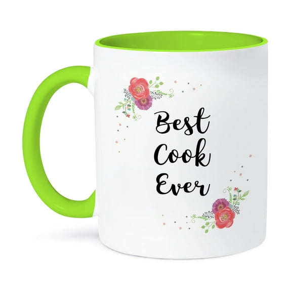 3dRose, Floral Best Cook Ever pretty watercolor pink flowers cooking love gift, 15oz Two-Tone Green Mug