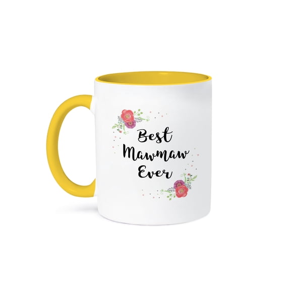 3dRose, Floral Best Mawmaw Ever pretty watercolor pink flowers grandma love, 11oz Two-Tone Yellow Mug