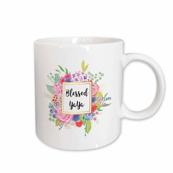 3drose, Floral Blessed Yaya Pretty Watercolor Pink Flowers Grandma Love, 11oz Mug