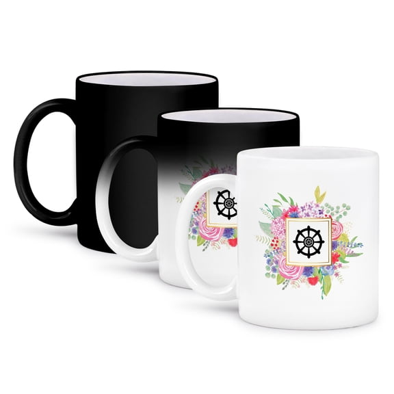 3dRose, Floral Buddhist Dharma Wheel Buddhism symbol watercolor pink flowers, 11oz Magic Transforming Mug