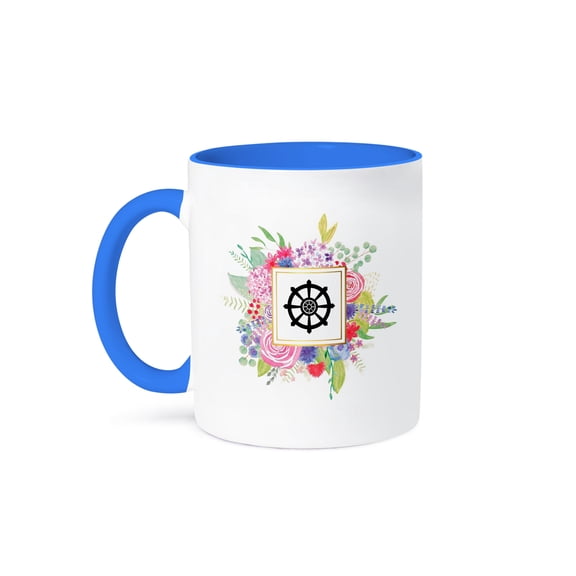 3dRose, Floral Buddhist Dharma Wheel Buddhism symbol watercolor pink flowers, 15oz Two-Tone Blue Mug