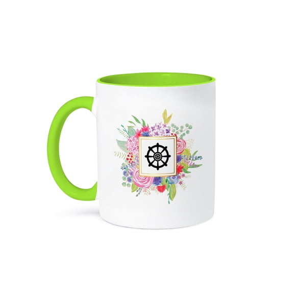 3dRose, Floral Buddhist Dharma Wheel Buddhism symbol watercolor pink flowers, 15oz Two-Tone Green Mug