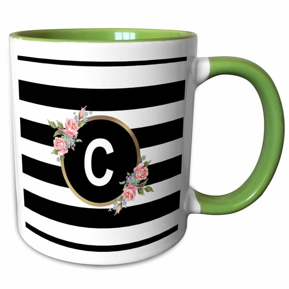 3drose, Floral Letter C Monogram - Black and White Stripes and Flowers Initial, 11oz Two-tone Green Mug