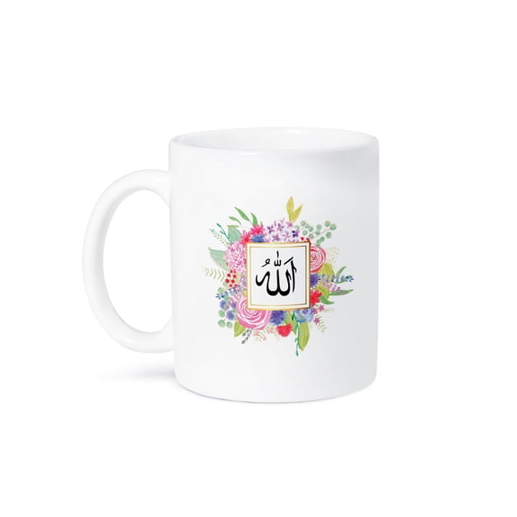 3dRose, Floral Name of Allah in Arabic Muslim pretty watercolor pink flowers, 11oz Mug
