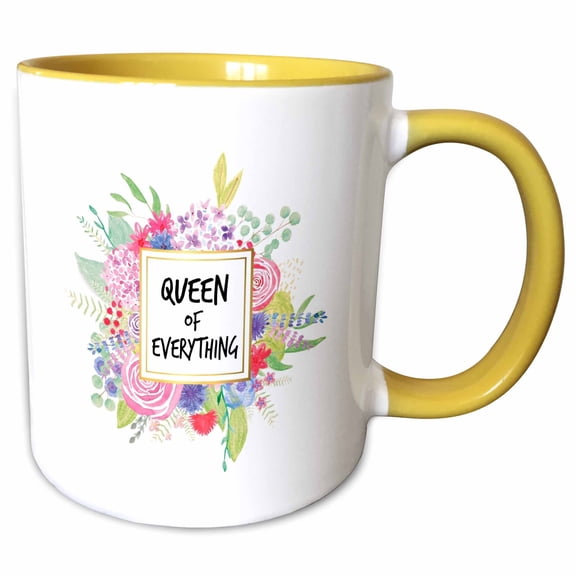 3drose, Floral Queen of Everything Funny Humor Pretty Watercolor Pink Flowers, 11oz Two-tone Yellow Mug