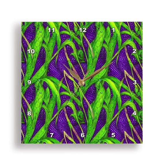 3dRose, Floral abstract pattern of green grass stems on purple, Mardi Gras, 10x10 Wall Clock