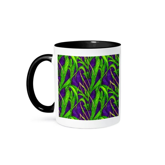 3drose, Floral Abstract Pattern of Green Grass Stems on Purple, Mardi Gras, 11oz Two-tone Black Mug