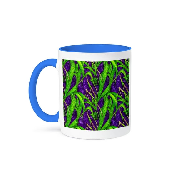 3drose, Floral Abstract Pattern of Green Grass Stems on Purple, Mardi Gras, 11oz Two-tone Blue Mug