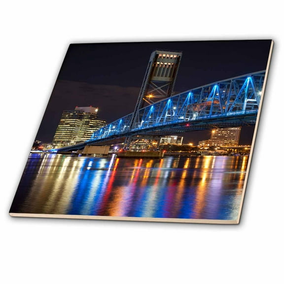 3dRose, Florida, Jacksonville. Blue Bridge crosses the river into downtown., 6 Inch Ceramic Tile