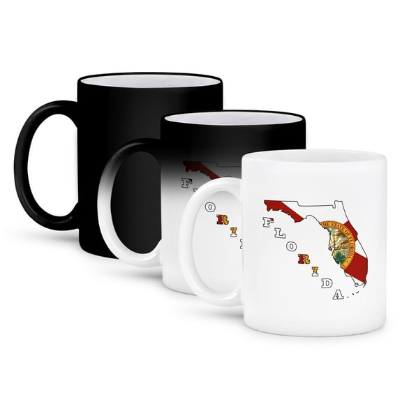 3dRose, Florida state flag in the outline map and letters of Florida, 11oz Magic Transforming Mug