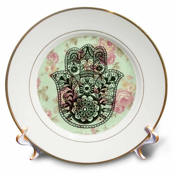 3dRose, Flower Pattern Hamsa, 8 inch Porcelain Plate