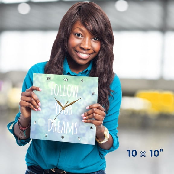 3dRose, Follow your dreams - blue pretty magical bokeh - turquoise teal - inspiring motivational saying, 10x10 Wall Clock