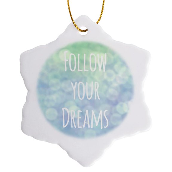 3dRose, Follow your dreams - blue pretty magical bokeh - turquoise teal - inspiring motivational saying, 3 inch Snowflake Porcelain Ornament