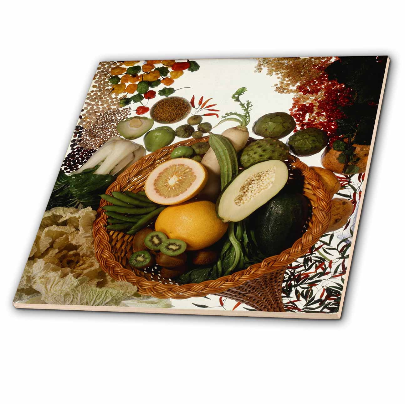3dRose, Food Healthy Fruits Vegetables Basket, 4 Inch Ceramic Tile ...