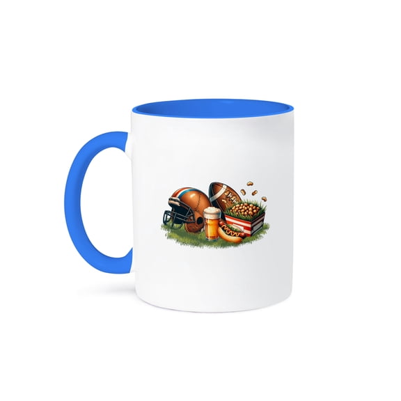 3dRose, Football ball, beer, hot dog, huts on the green grass funny image, 11oz Two-Tone Blue Mug
