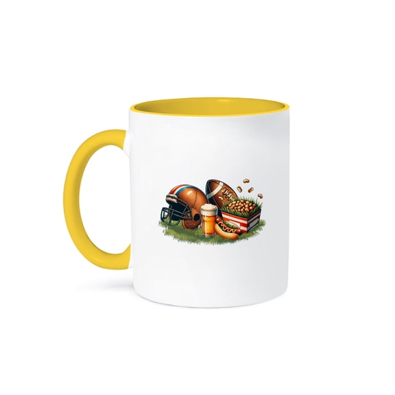 3dRose, Football ball, beer, hot dog, huts on the green grass funny image, 11oz Two-Tone Yellow Mug