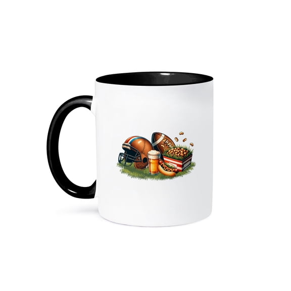 3dRose, Football ball, beer, hot dog, huts on the green grass funny image, 15oz Two-Tone Black Mug