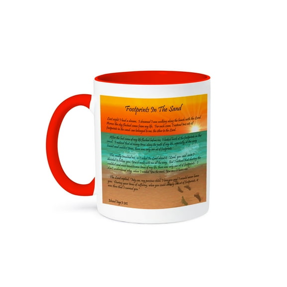 3dRose, Footprints In The Sand , 11oz Two-Tone Red Mug
