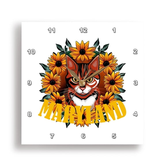 3dRose, For The Love Of Maryland Calico Cat With Black-eyed Susan Flowers, 15x15 Wall Clock