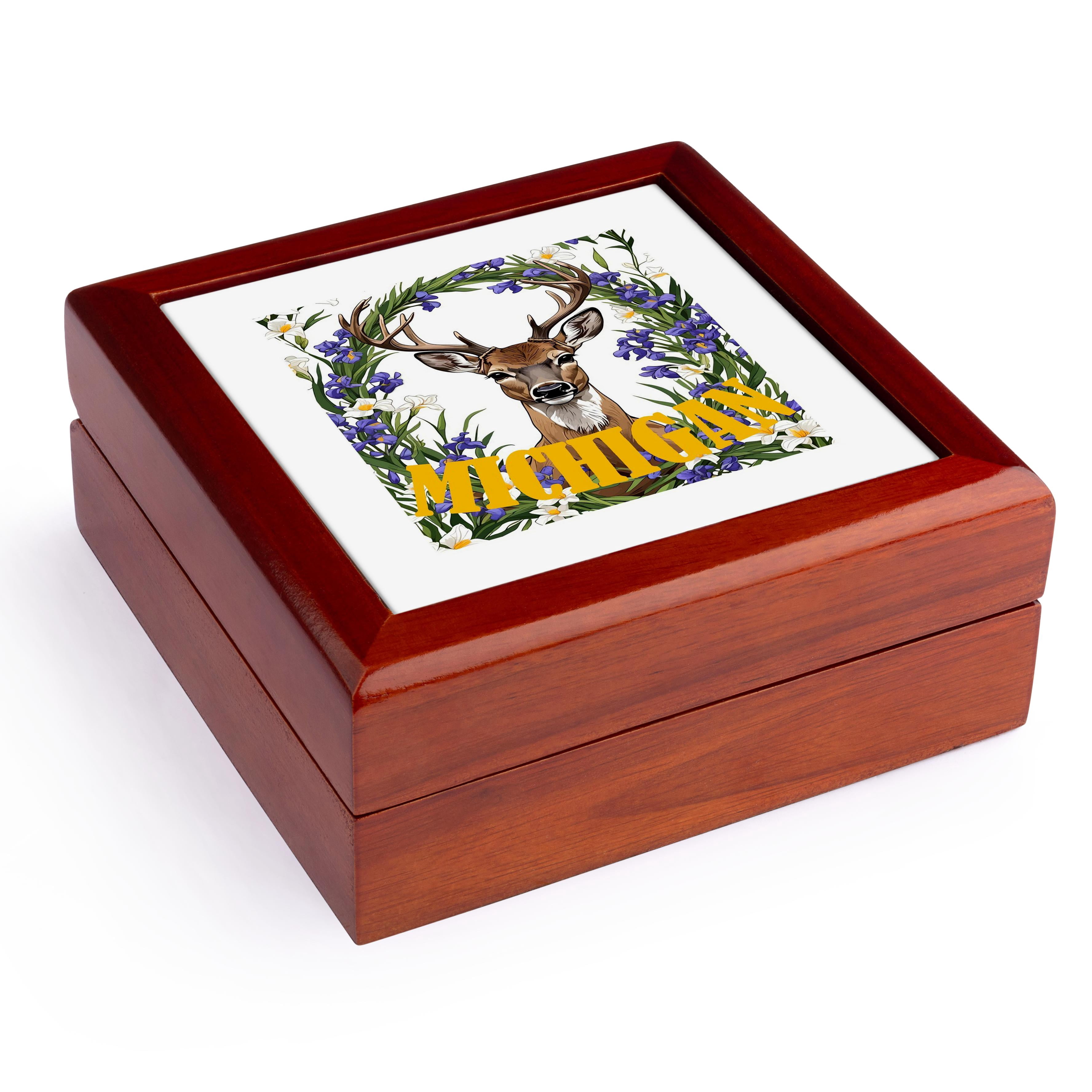 3dRose, For The Love Of Michigan Deer and Iris Flower, Jewelry Box 5.5x5.5 inch with 4 inch tile