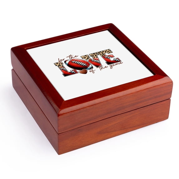 3dRose, For the love of the game stylish text, football ball, red heart gift, Jewelry Box 5.5x5.5 inch with 4 inch tile