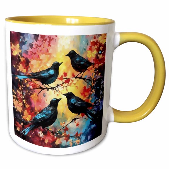 3drose, Four Calling Birds, 11oz Two-tone Yellow Mug