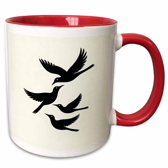 3drose, Four Calling Birds Retro Mid-century Minimalist Silhouette Cut-out, 11oz Two-tone Red Mug