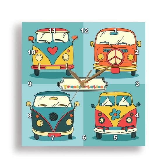 3dRose, Four Sixties Vans for Hippies Retro Colors, 10x10 Wall Clock