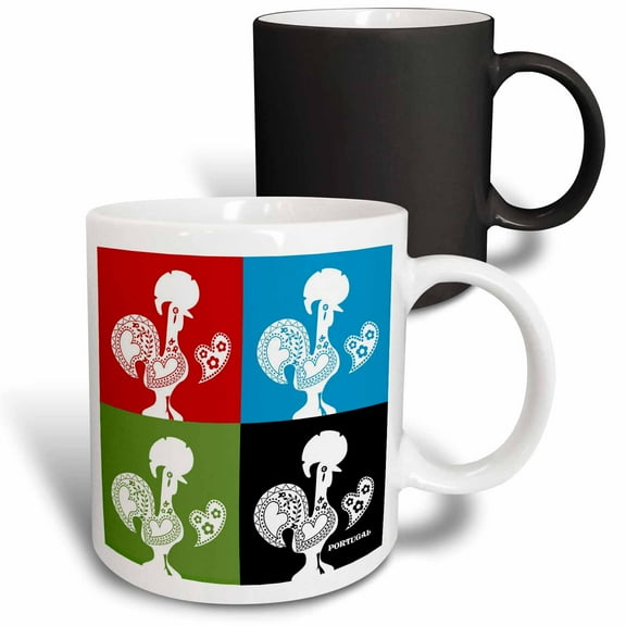 3drose, Four Portuguese Roosters in Black, Red, Blue and Green Color, 11oz Magic Transforming Mug