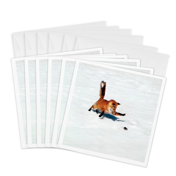 3drose, Fox Hunting a Mouse in the Snow, 6 Greeting Cards with Envelopes