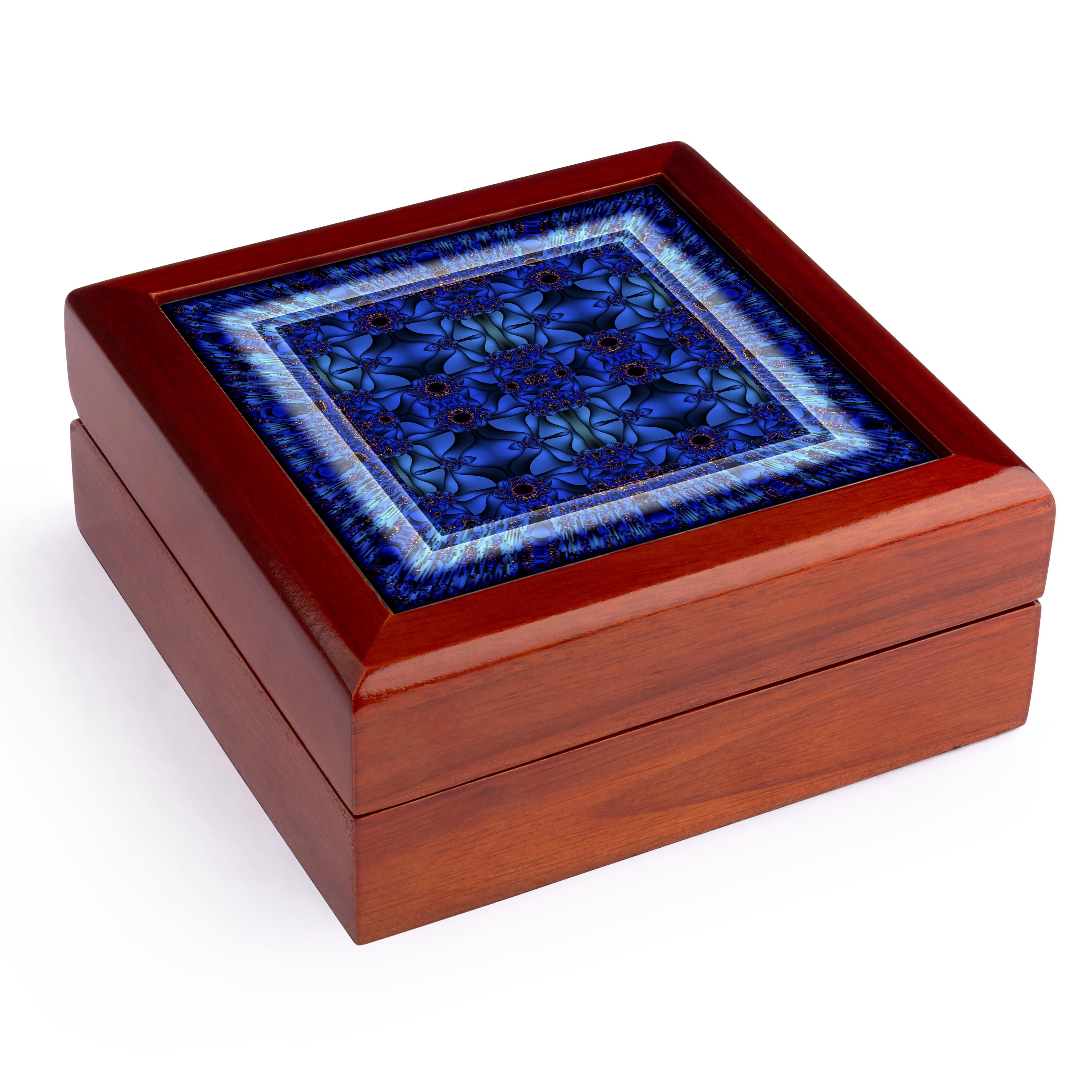 3dRose, Fractals Art blue glowing psychedellic energy, Jewelry Box 5.5x5.5 inch with 4 inch tile