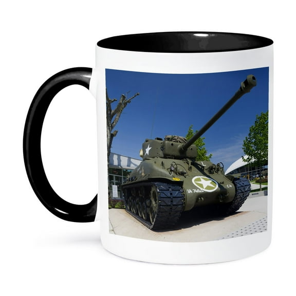 3dRose, France, Normandy, WWII US Sherman tank - EU09 WBI4032 - Walter Bibikow, 11oz Two-Tone Black Mug