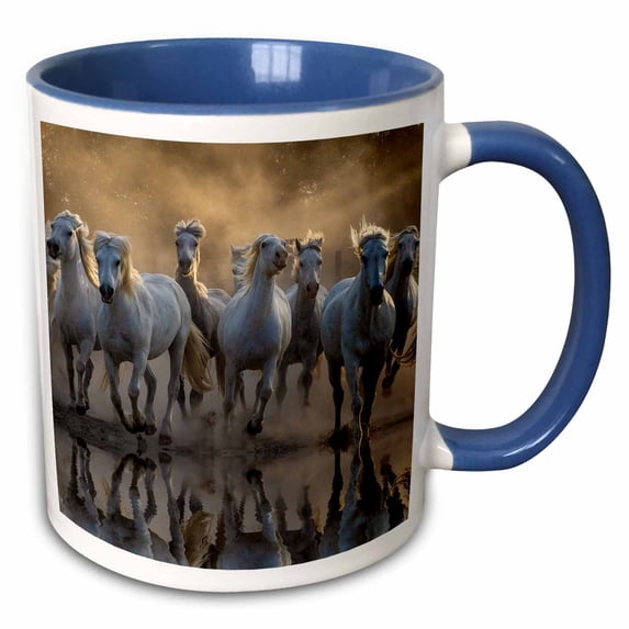 3drose, France, Saintes-maries-de-la-mer. White Camargue Horses Running., 15oz Two-tone Blue Mug