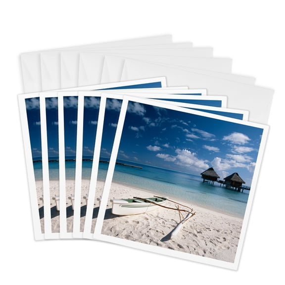 3drose, French Polynesia, Bora Bora, Bungalows from Beach Motu Toopua., 6 Greeting Cards with Envelopes