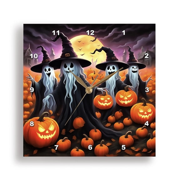 3dRose, Fun Halloween Ghost Wearing Witches Hats With Jack O Lanterns , 15x15 Wall Clock
