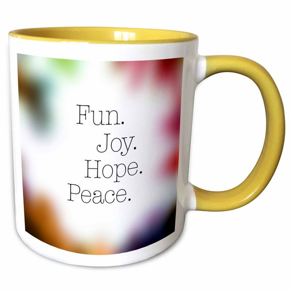 3drose, Fun. Joy. Hope. Peace. Written on White with Colorful Blurred Corners., 11oz Two-tone Yellow Mug