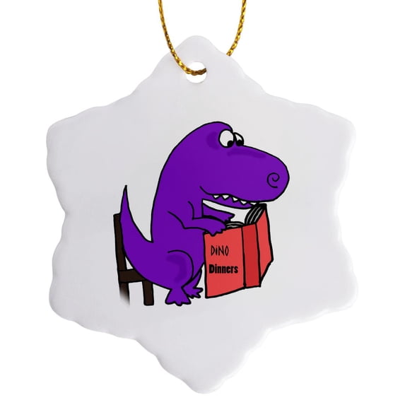 3drose, Fun Purple T-rex Dinosaur Reading Recipe Cookbook, 3 inch Snowflake Porcelain Ornament