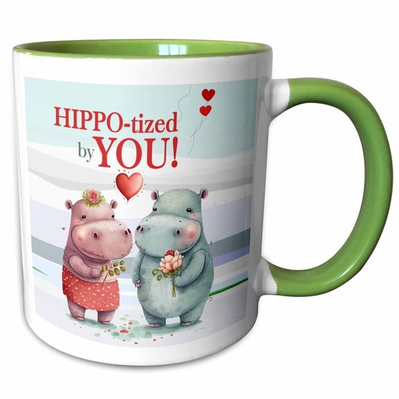 3drose, Fun Valentine of Two Hippos with Hippotized by You, 15oz Two-tone Green Mug