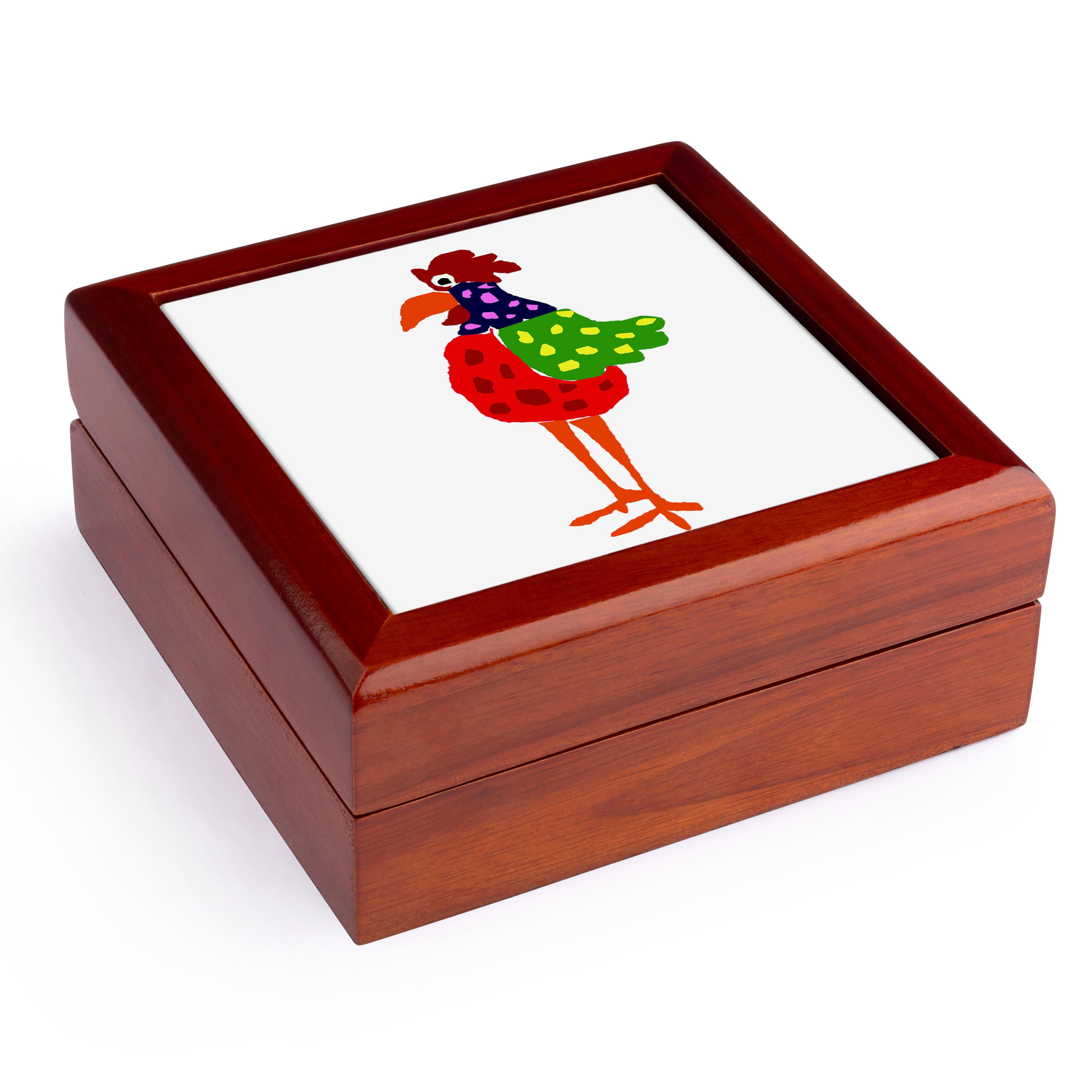 3dRose, Funky Colorful Rooster, Jewelry Box 5.5x5.5 inch with 4 inch tile