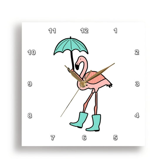 3dRose, Funky cute pink flamingo holding an umbrella and wearing rain boots, 13x13 Wall Clock